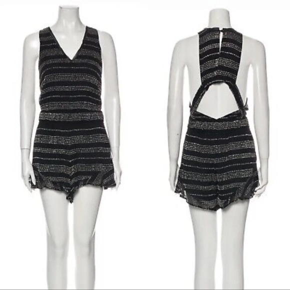 IRO Bing Black silver striped v-neck Cutout sleeveless short romper NWT 36 - Picture 1 of 16